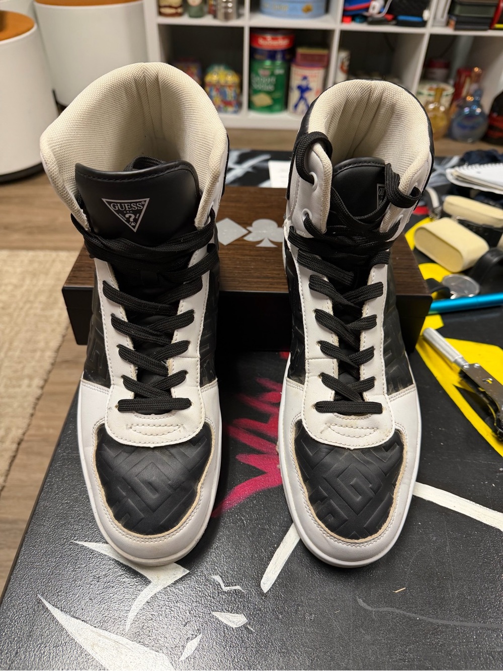 GUESS Black and White High-Top Sneakers with Signature Textured Toe